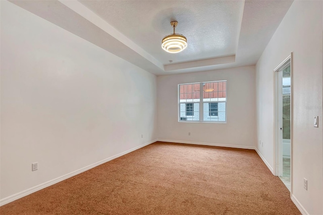 empty room with carpet floors, a raised ceiling, a textured ceiling, and baseboards