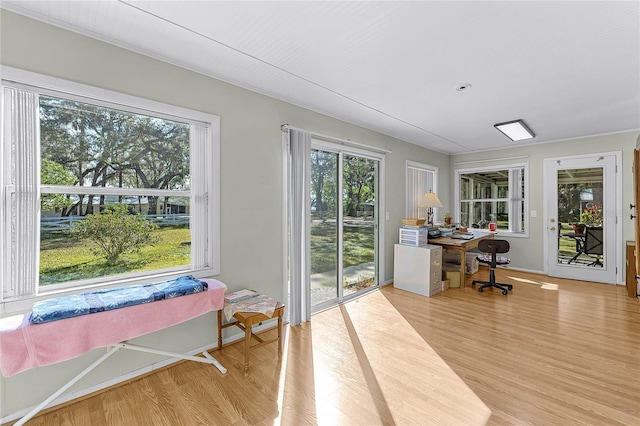 home office with wood finished floors and a wealth of natural light