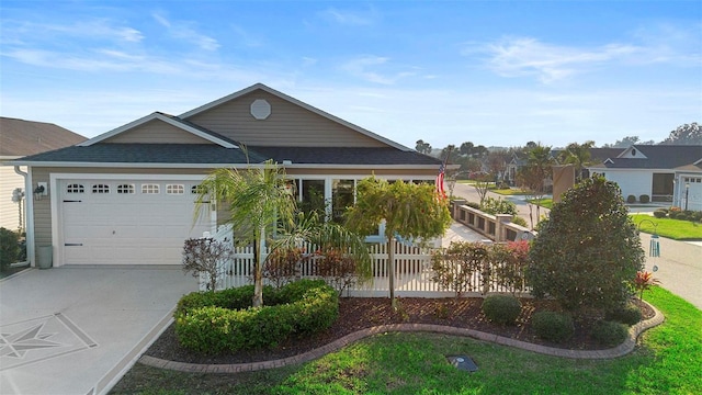 view of front facade with an attached garage, a shingled roof, fence, and concrete driveway