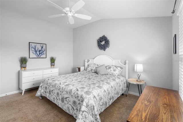 bedroom with lofted ceiling, carpet flooring, ceiling fan, and baseboards