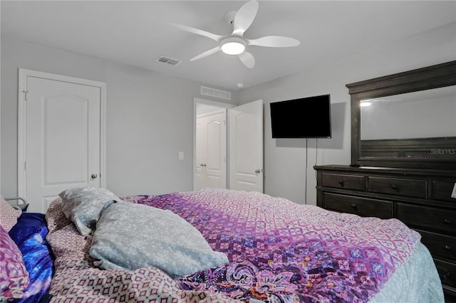 bedroom with ceiling fan and visible vents