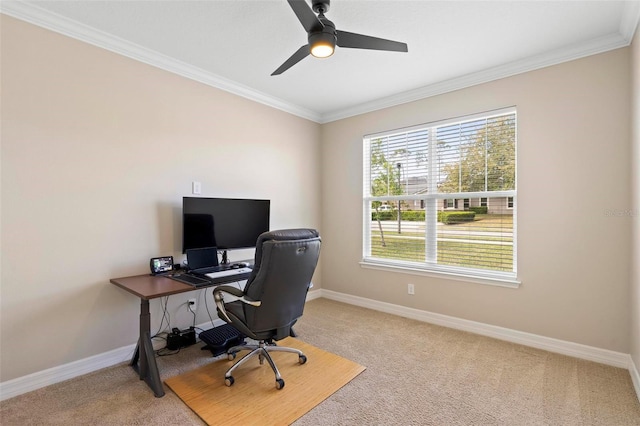 home office with carpet floors, baseboards, and ornamental molding