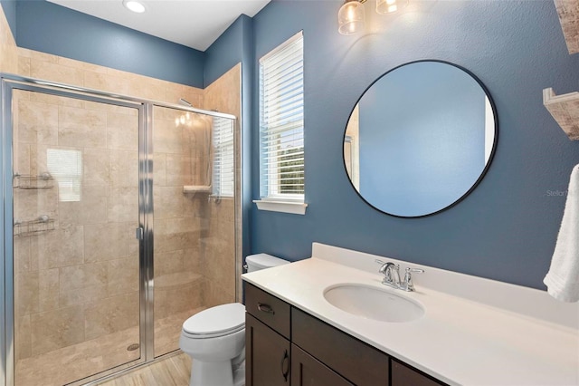 full bathroom featuring a shower stall, toilet, and vanity