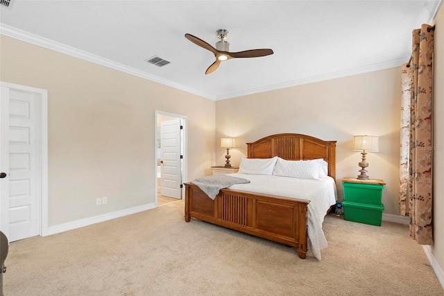 bedroom featuring visible vents, crown molding, and light carpet