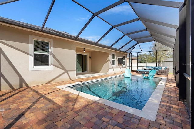 view of pool featuring a fenced in pool, a ceiling fan, a fenced backyard, a patio area, and an outdoor living space