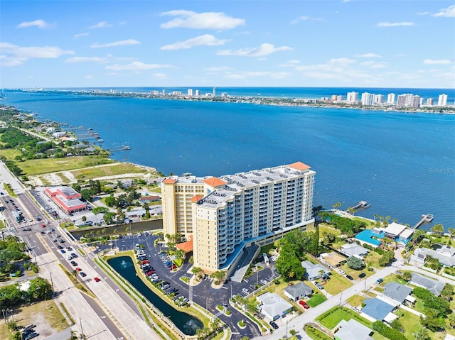 aerial view with a view of city and a water view