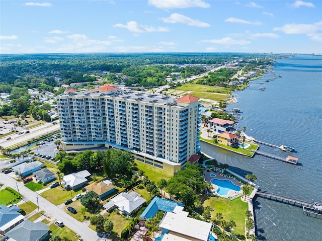 drone / aerial view with a water view