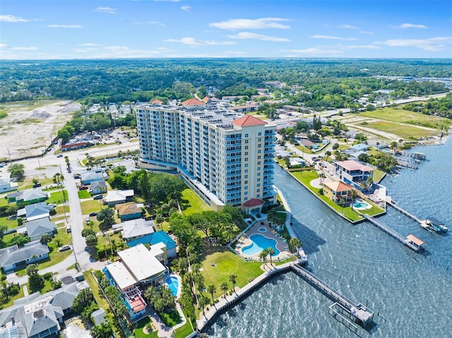 aerial view featuring a water view