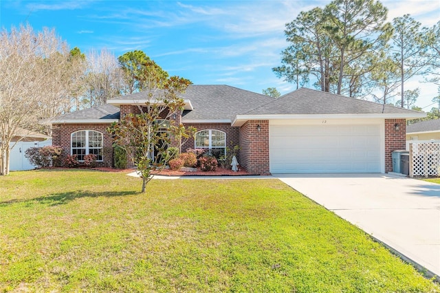 ranch-style home with a garage, concrete driveway, brick siding, and a front lawn