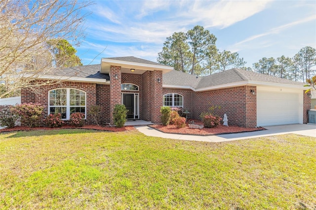 ranch-style home featuring brick siding, concrete driveway, roof with shingles, an attached garage, and a front yard