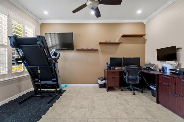 office featuring recessed lighting, crown molding, baseboards, and tile patterned floors