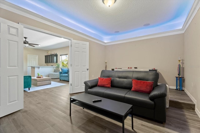 living area with a raised ceiling, a textured ceiling, baseboards, and wood finished floors