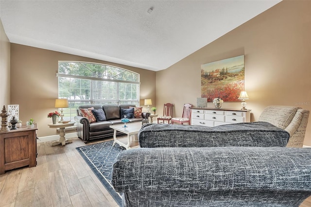 bedroom with lofted ceiling, a textured ceiling, baseboards, and wood finished floors