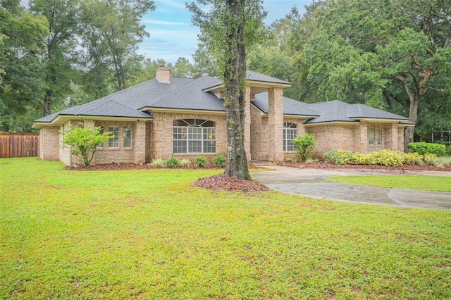 view of front of house with aphalt driveway, brick siding, fence, a front lawn, and a chimney