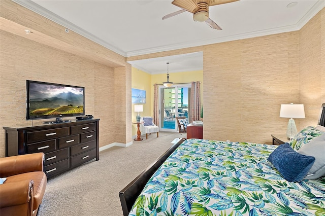 bedroom with carpet, baseboards, ceiling fan, and crown molding