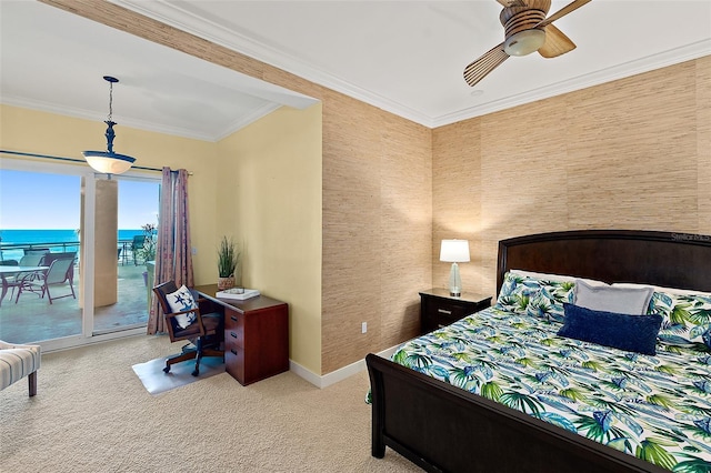 carpeted bedroom featuring a ceiling fan, access to outside, baseboards, and crown molding