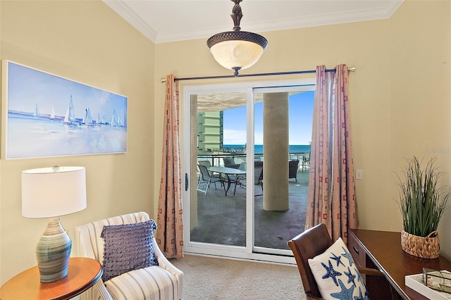 sitting room with carpet flooring and crown molding