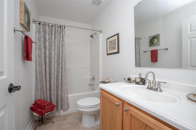 full bath featuring visible vents, toilet, tile patterned floors, shower / bath combination with curtain, and vanity