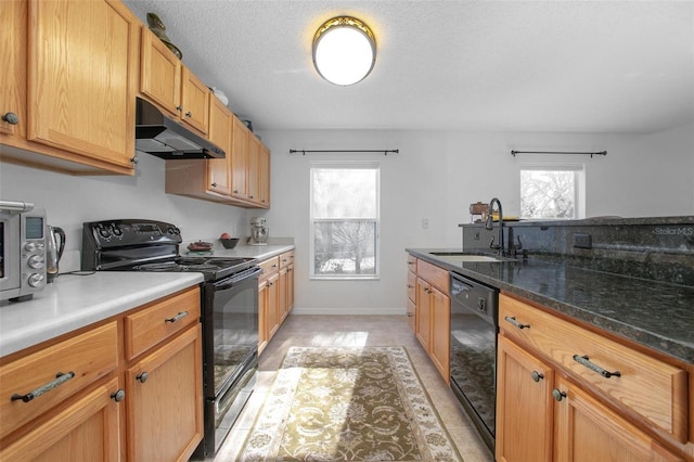 kitchen with black appliances, under cabinet range hood, a wealth of natural light, and a sink