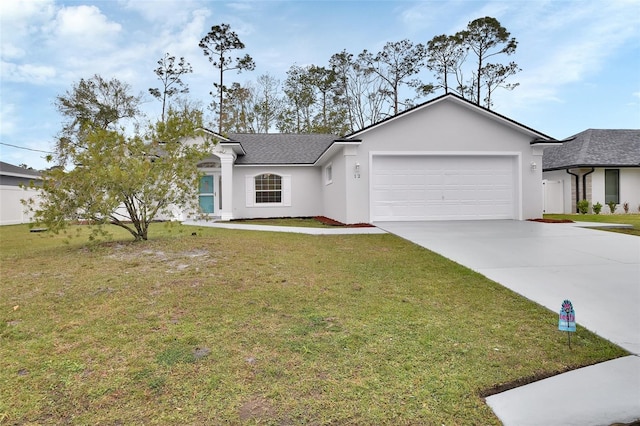 single story home with stucco siding, driveway, a front lawn, a shingled roof, and a garage