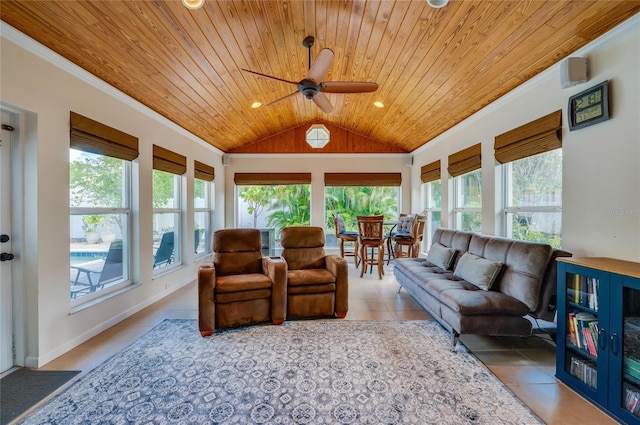 living room with lofted ceiling, crown molding, wood ceiling, and tile patterned floors