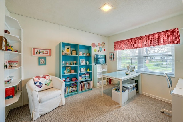 office space with light colored carpet, a textured ceiling, and baseboards