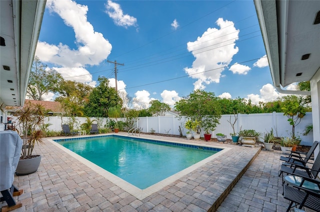 view of swimming pool with a patio, a fenced backyard, and a fenced in pool