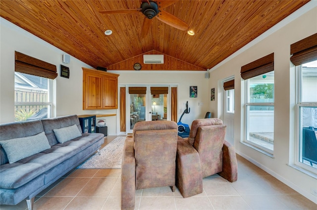 living area featuring light tile patterned flooring, wood ceiling, vaulted ceiling, an AC wall unit, and french doors