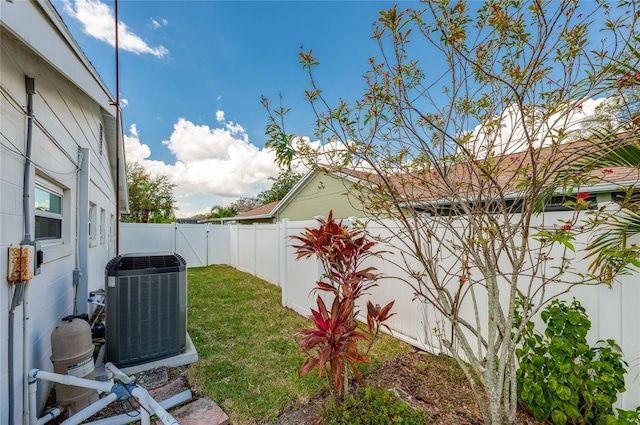 view of yard with a fenced backyard, cooling unit, and a gate