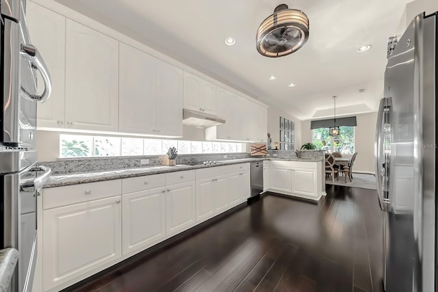 kitchen with appliances with stainless steel finishes, white cabinetry, under cabinet range hood, and a peninsula