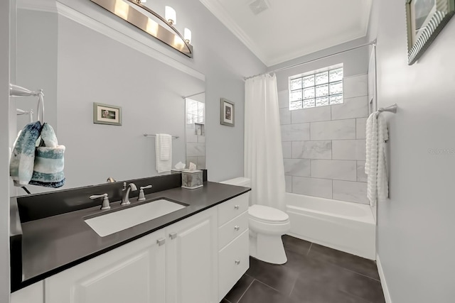 full bath featuring crown molding, visible vents, toilet, vanity, and tile patterned floors