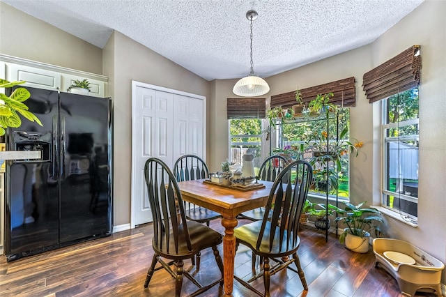 dining space featuring dark wood-style flooring and a textured ceiling