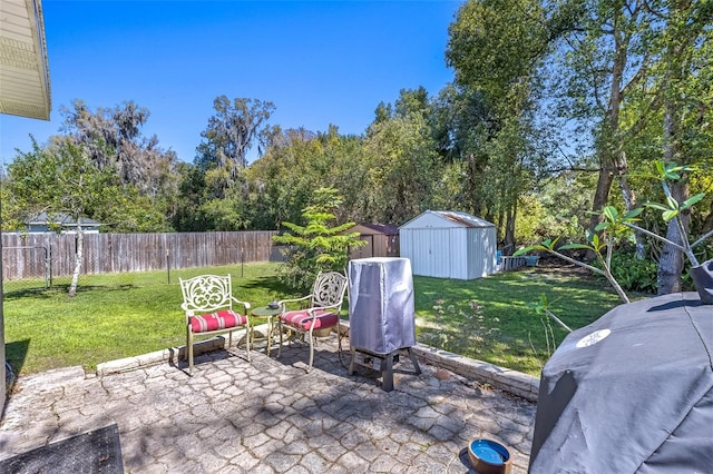 view of patio featuring a storage shed, a fenced backyard, and an outdoor structure