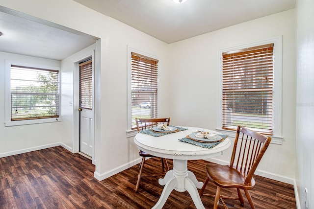 dining area with dark wood-style floors, plenty of natural light, and baseboards