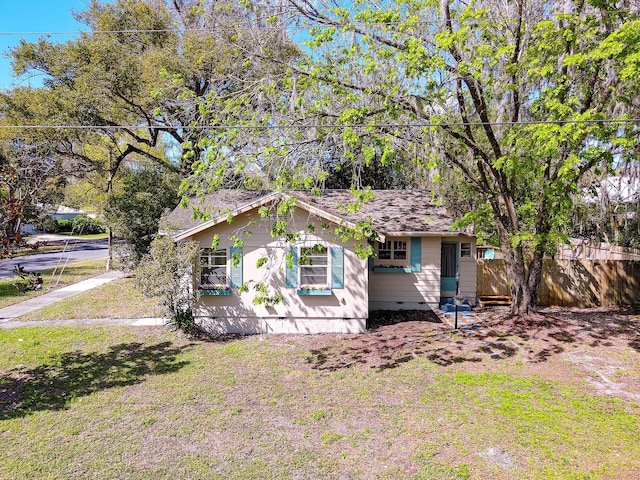 ranch-style house featuring crawl space, fence, and a front lawn