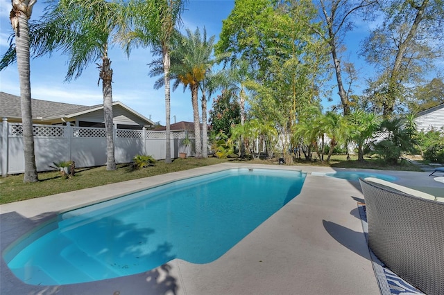 view of pool featuring a fenced in pool, fence private yard, and a patio area