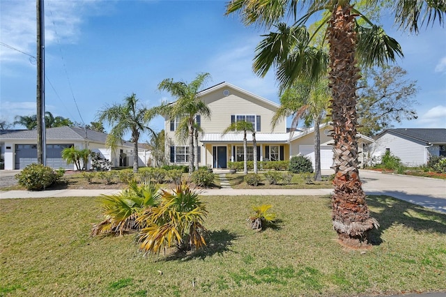 view of front of property featuring an attached garage, concrete driveway, and a front yard