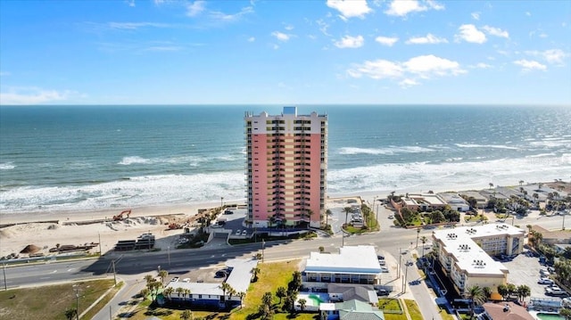 aerial view featuring a beach view and a water view