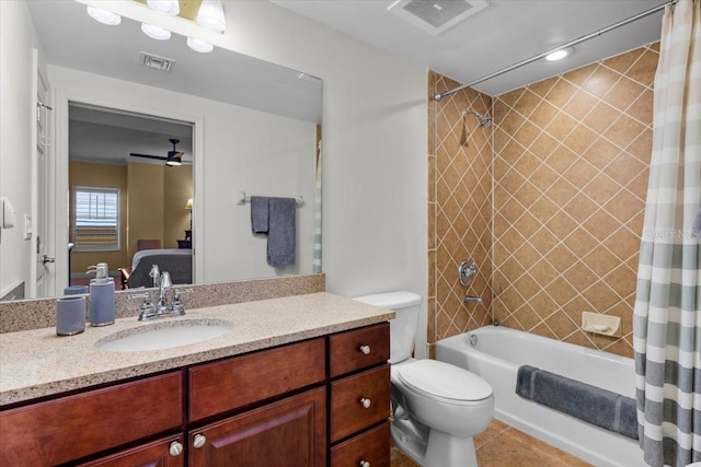 full bathroom with shower / tub combo, vanity, visible vents, and tile patterned floors