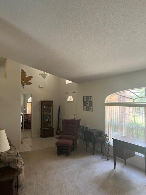 living area featuring carpet flooring, vaulted ceiling, a textured ceiling, and tile patterned floors