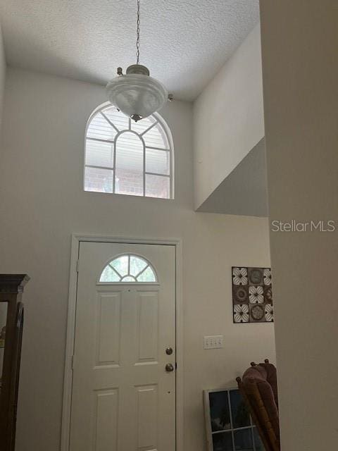 foyer entrance with a textured ceiling and a high ceiling