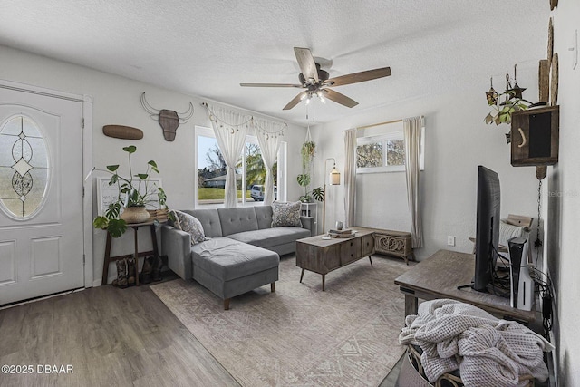 living area with a ceiling fan, a textured ceiling, and wood finished floors