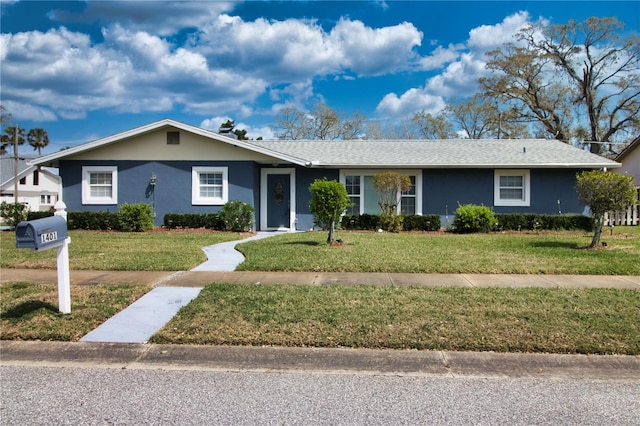 single story home with a front yard and stucco siding