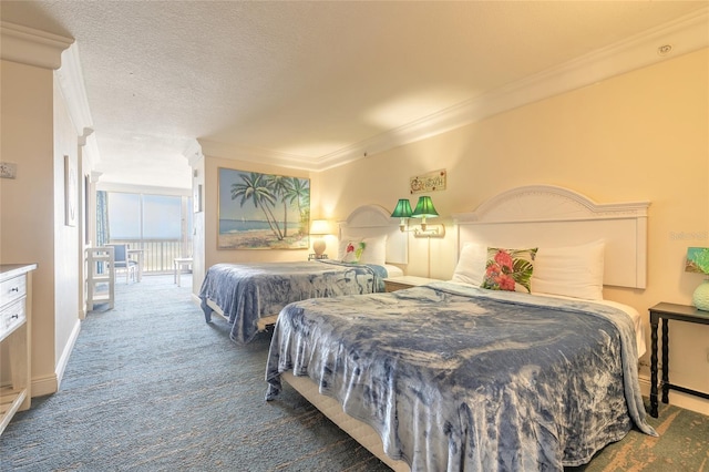 carpeted bedroom with a textured ceiling, baseboards, and crown molding