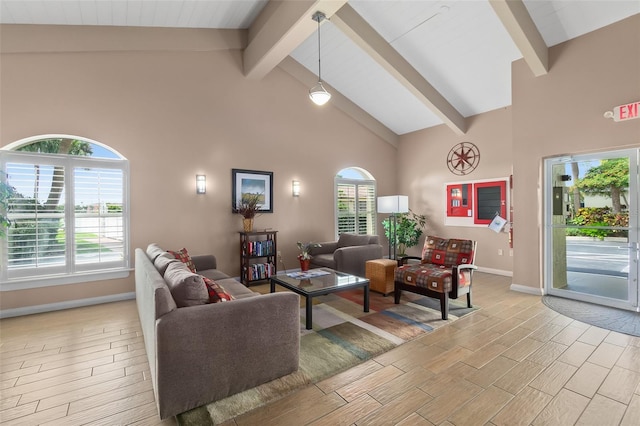 living area featuring beamed ceiling, wood finish floors, and a wealth of natural light