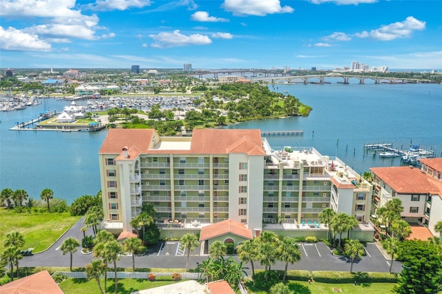 drone / aerial view with a water view
