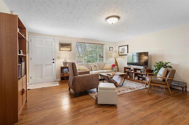 living room featuring light wood-type flooring and a textured ceiling