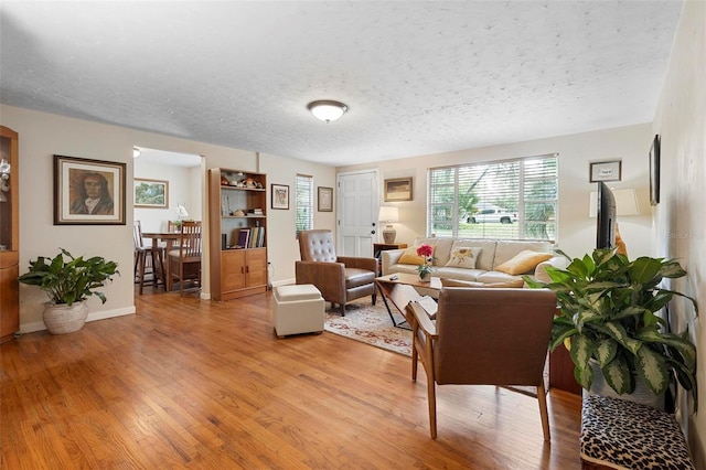 living room featuring light wood finished floors, baseboards, and a textured ceiling