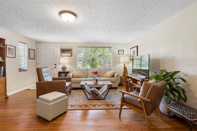 living room with a textured ceiling, baseboards, and wood finished floors