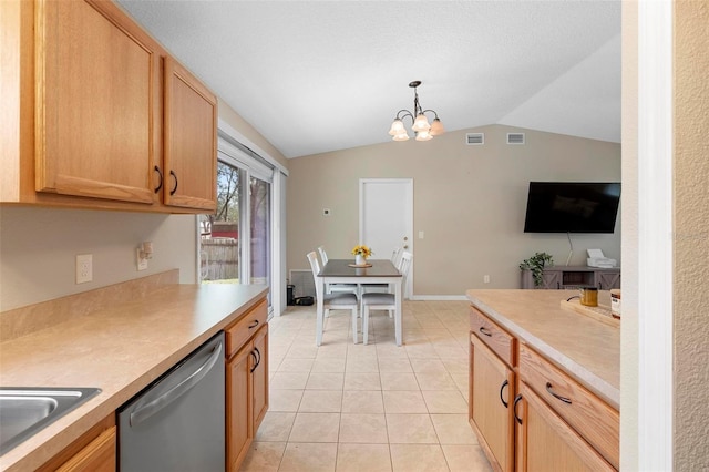 kitchen featuring lofted ceiling, light countertops, visible vents, stainless steel dishwasher, and light tile patterned flooring